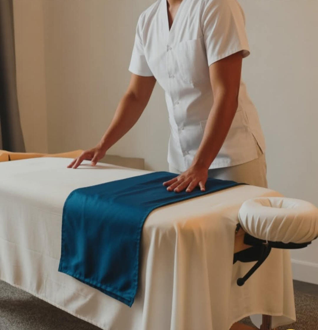 Massage therapist preparing treatment table with a blue cloth.
